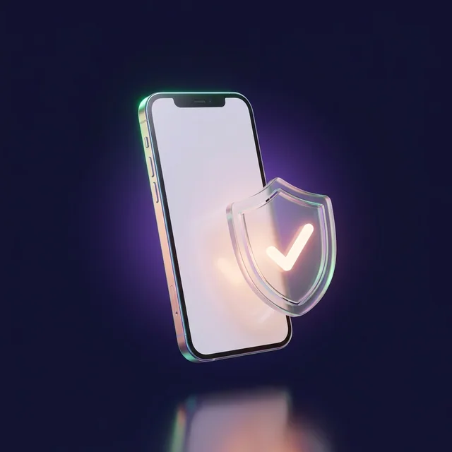 Glass icon of a phone with a shield and a check mark