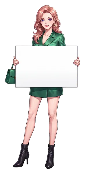 Sasha Wren, the guide's illustrated host, with a small emerald handbag on her arm, holding a board: 14 x 14 x 6 inches