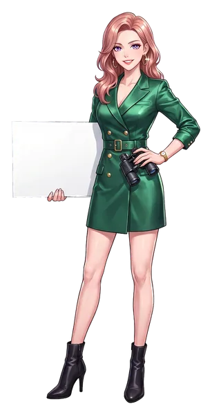 Sasha Wren, the guide's illustrated host, with compact binoculars in one hand, holding a board: open year round