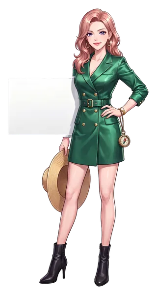 Sasha Wren, the guide's illustrated host, with a sun hat in one hand and a brass compass at her wrist, holding a board: no live table games