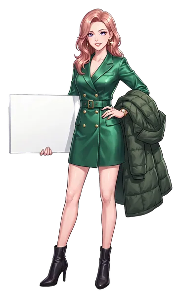 Sasha Wren, the guide's illustrated host, with a quilted parka over her arm, holding a board: road, air and rail