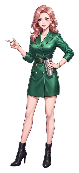 Sasha Wren, the guide's illustrated host, holding a steel thermos and pointing at the 3 AM rung of the last-call ladder