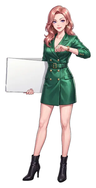Sasha Wren, the guide's illustrated host, glancing at her raised wristwatch and holding a board: Friday and Saturday 10 AM to 5 AM