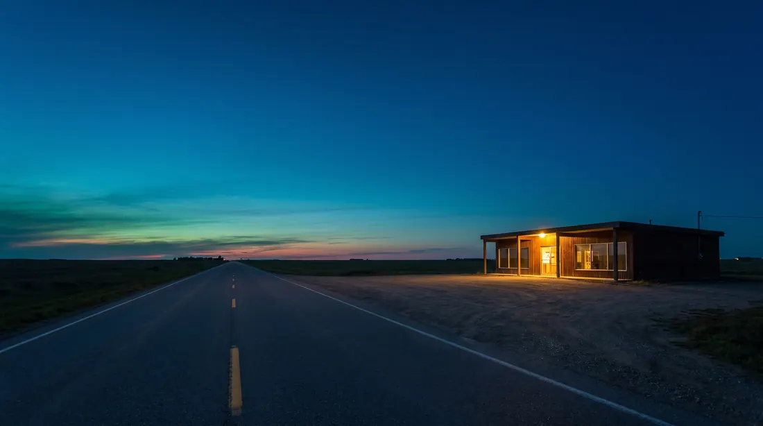 A two-lane prairie highway at blue hour with one low roadside building lit from inside